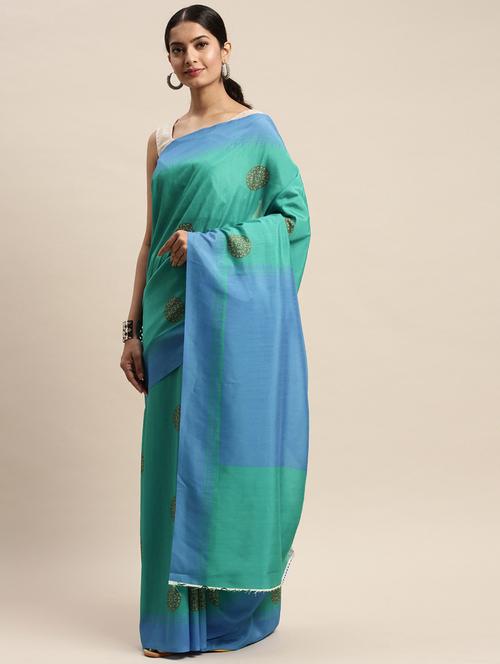 turquoise silk blend printed saree with blouse - 17441661 - Very Small Image - 1