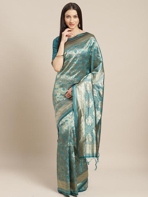 turquoise banarasi saree with blouse - 17444273 - Very Small Image - 1