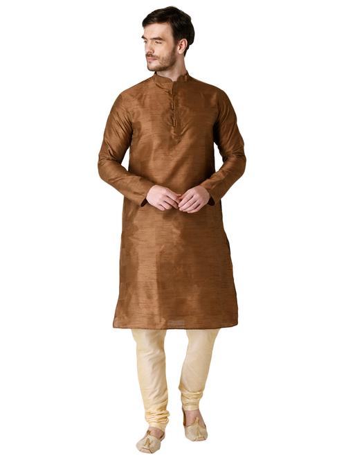 brown checkered silk blend long kurta - 17449017 - Very Small Image - 1