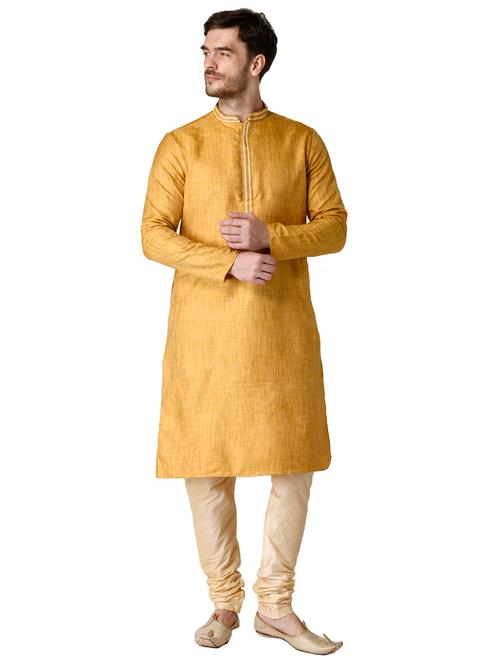 yellow self design silk blend long kurta - 17449020 - Very Small Image - 1