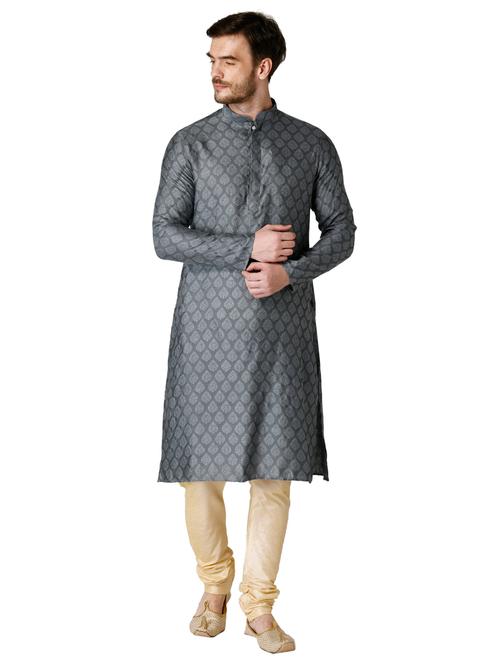 grey jacquard silk blend long kurta - 17449073 - Very Small Image - 1