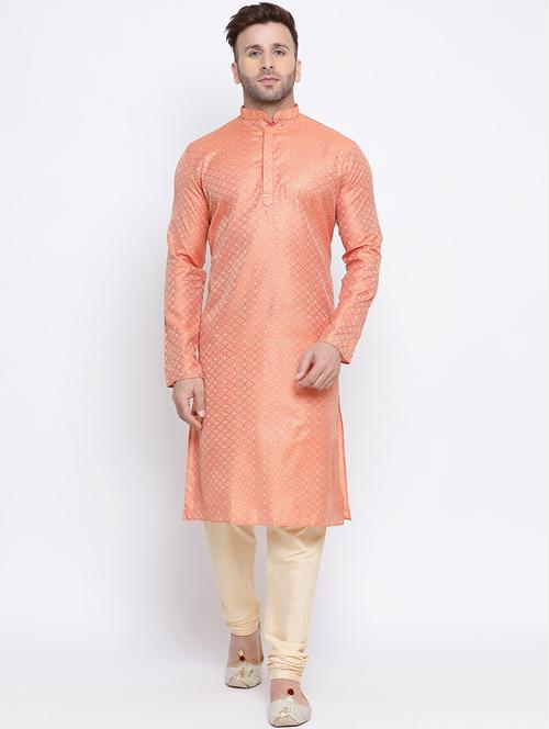 peach printed silk blend long kurta - 17451171 - Very Small Image - 1
