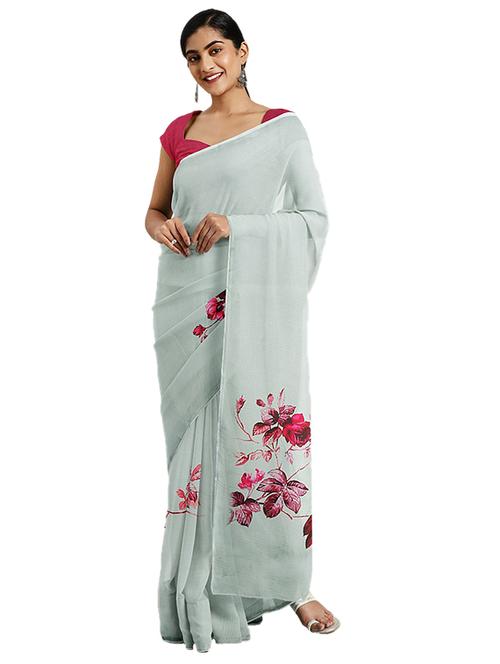 women's floral light blue colored saree with blouse - 17451643 - Very Small Image - 1