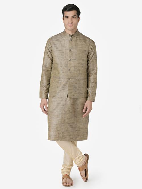 olive green solid silk blend kurta pyjama set with nehru jacket - 17453781 - Very Small Image - 1
