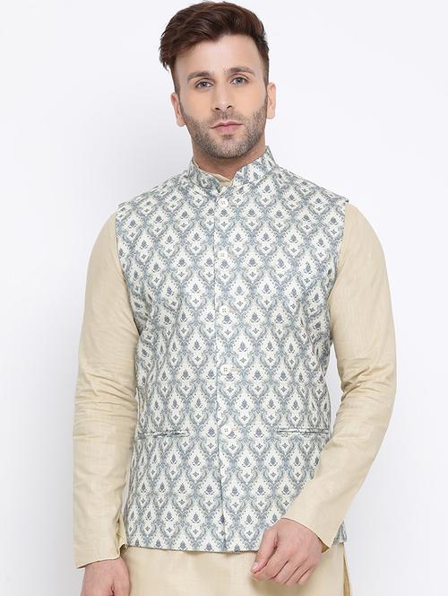 white printed linen nehru jacket - 17454127 - Very Small Image - 1