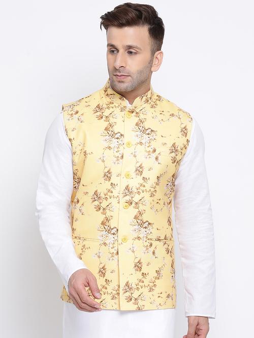 yellow printed linen nehru jacket - 17454138 - Very Small Image - 1