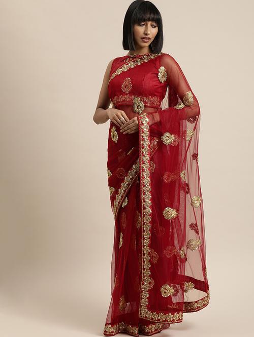 maroon embroidered saree with blouse - 17459990 - Very Small Image - 1