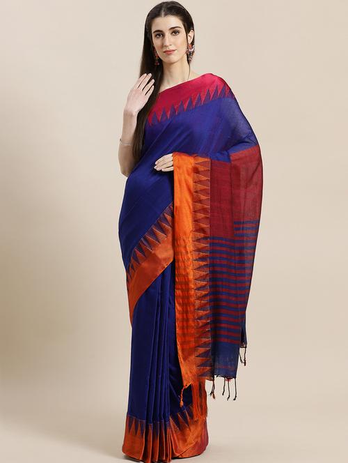 orange cotton blend handloom saree with blouse - 17460317 - Very Small Image - 1