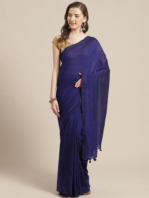 solid navy handloom saree with blouse - 17461970 - Very Small Image - 1