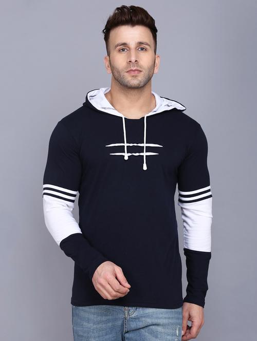 navy blue color block cut & sew hooded t-shirt - 17464587 - Very Small Image - 1