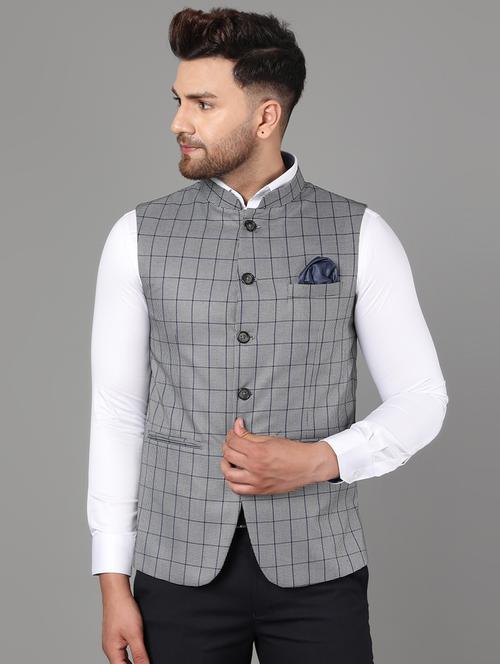 navy blue checkered nehru jacket - 17464976 - Very Small Image - 1