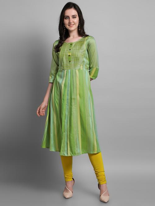 green chanderi aline kurta - 17466601 - Very Small Image - 1