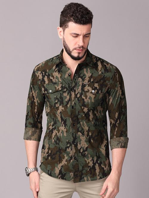olive green camouflage print casual shirt - 17470682 - Very Small Image - 1