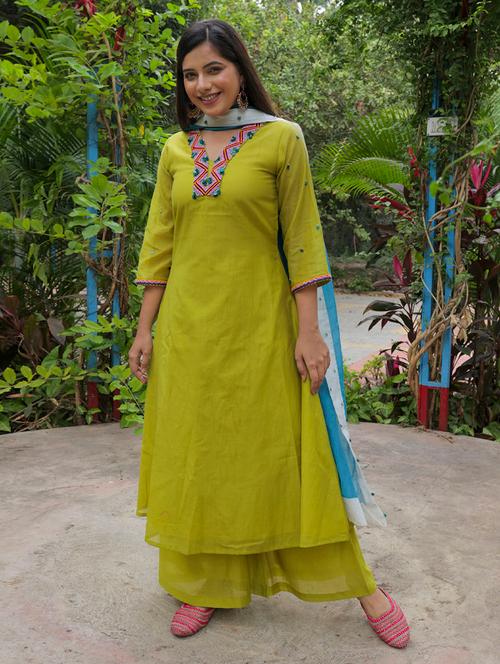 applique work lime green kurta palazzo set - 17474345 - Very Small Image - 1