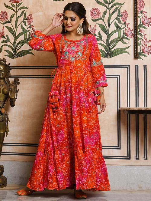 bandhani print flared ethnic dress - 17474356 - Very Small Image - 1