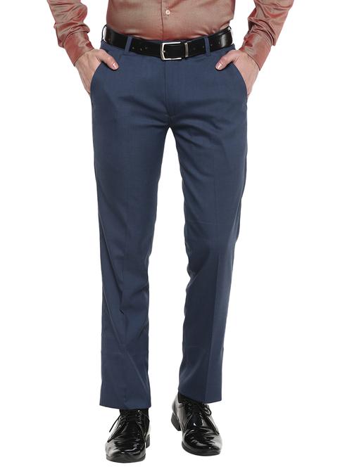 blue solid flat front formal trouser - 17474764 - Very Small Image - 1