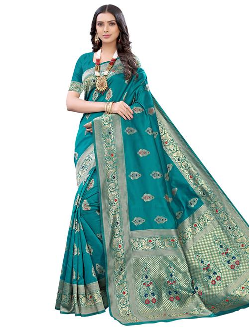 turquoise woven saree with blouse - 17476959 - Very Small Image - 1