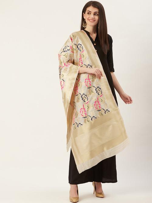  beige floral print banarasi dupatta - 17479167 - Very Small Image - 1