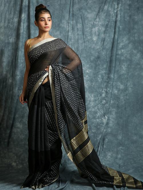 solid bordered saree with blouse - 17482424 - Very Small Image - 1