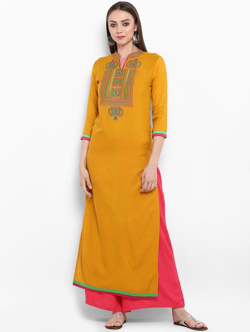 mustard embroidered straight kurta - 17483013 - Very Small Image - 1