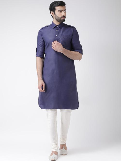 purple solid silk blend pathani kurta pyjama set - 17484667 - Very Small Image - 1