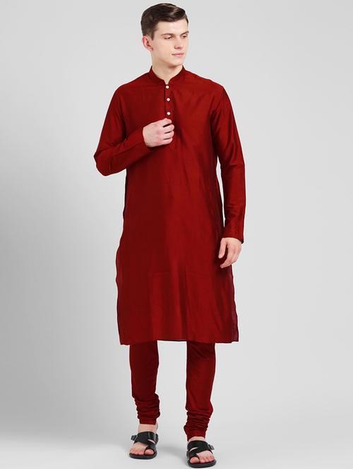 red solid silk blend kurta pyjama set - 17484688 - Very Small Image - 1