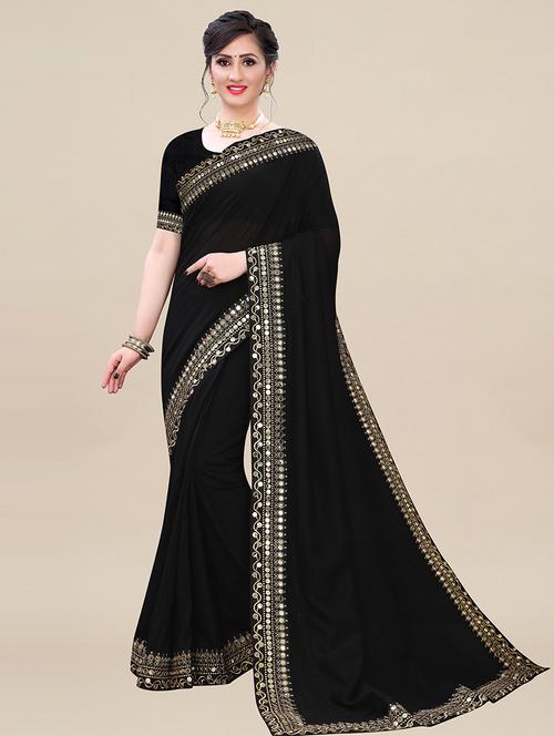 solid bordered saree with blouse - 17484939 - Very Small Image - 1