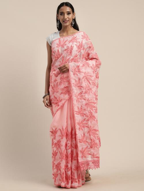 pink cotton blend embroidered saree with blouse - 17485407 - Very Small Image - 1