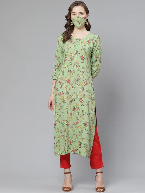 floral straight kurta with face mask  - 17500855 - Very Small Image - 1