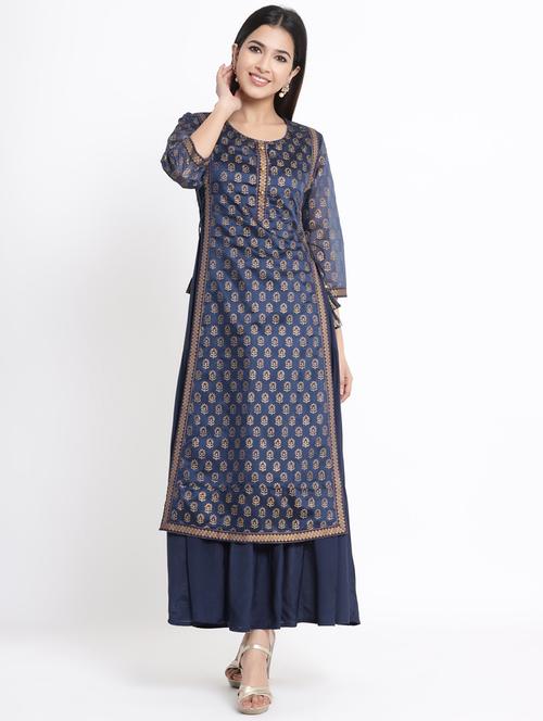 navy blue chanderi layered ethnic dress - 17509487 - Very Small Image - 1