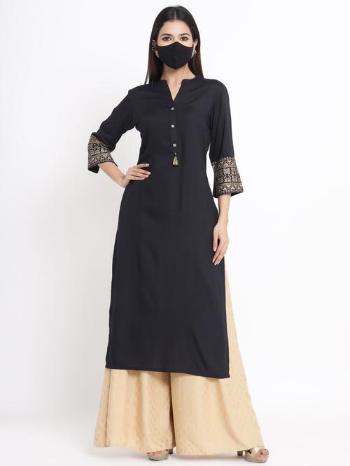 solid straight kurta with face mask  - 17509501 - Very Small Image - 1