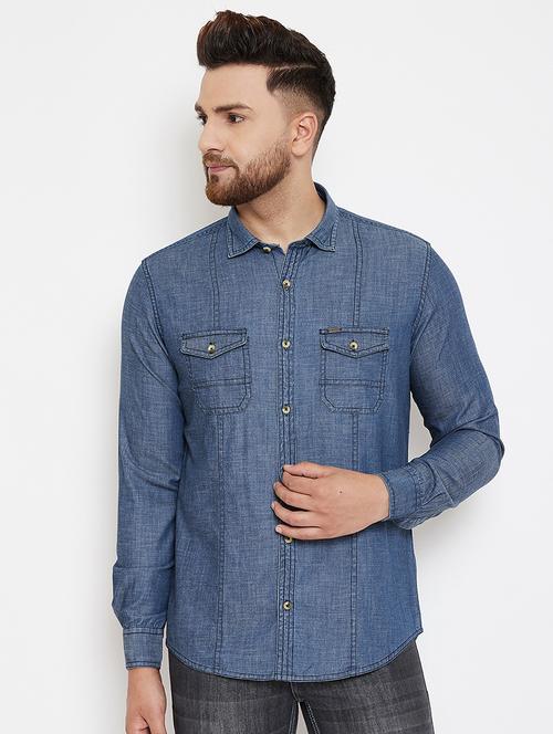 blue solid denim casual shirt - 17509727 - Very Small Image - 1