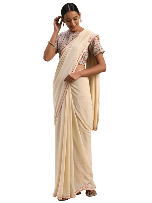 women's solid cream colored saree with blouse - 17511317 - Very Small Image - 1