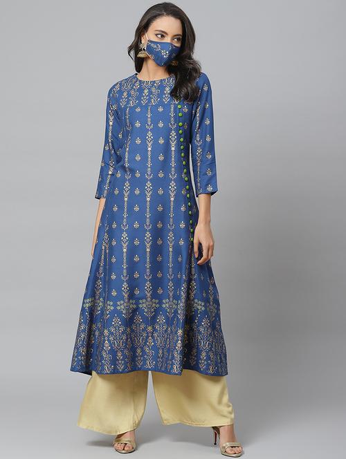 printed flared kurta with face mask  - 17512137 - Very Small Image - 1