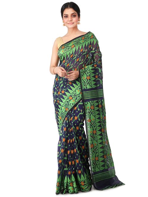 navy blue jamdani saree - 17513441 - Very Small Image - 1
