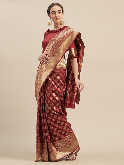 maroon banarasi saree - 17515142 - Very Small Image - 1