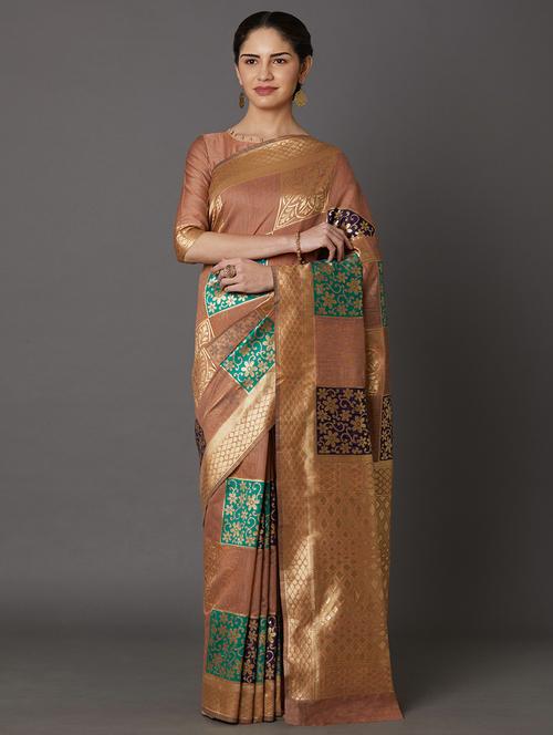 women's foil print khaki colored saree - 17515257 - Very Small Image - 1