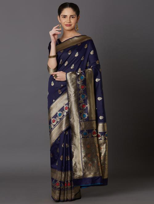 women's self design navy blue colored saree - 17515277 - Very Small Image - 1