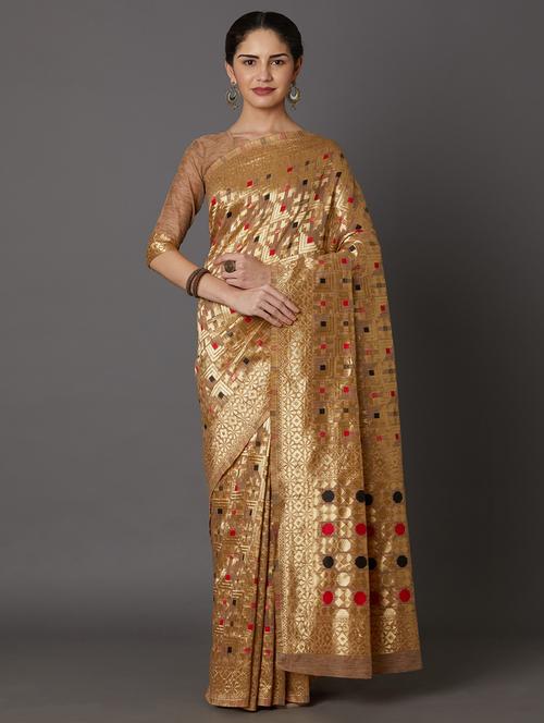 women's self design gold colored saree - 17515288 - Very Small Image - 1