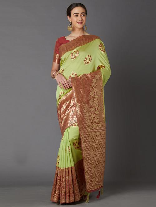 green cotton blend banarasi saree - 17515341 - Very Small Image - 1