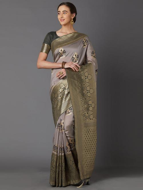 grey cotton blend banarasi saree - 17515343 - Very Small Image - 1