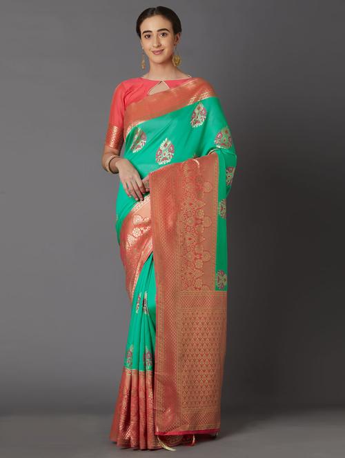 turquoise cotton blend banarasi saree - 17515347 - Very Small Image - 1