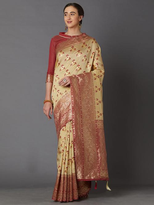 beige cotton blend banarasi saree - 17515349 - Very Small Image - 1