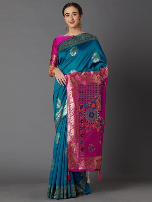 blue cotton blend banarasi saree - 17515361 - Very Small Image - 1