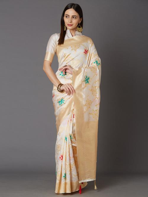 cream cotton blend banarasi saree - 17515365 - Very Small Image - 1