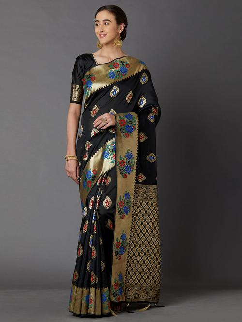 black cotton blend banarasi saree - 17515377 - Very Small Image - 1
