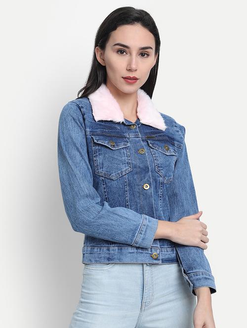 faux fur collar denim  jacket - 17515508 - Very Small Image - 1