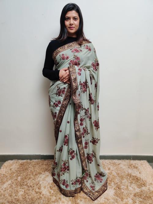 blue embroidered saree  - 17525416 - Very Small Image - 1