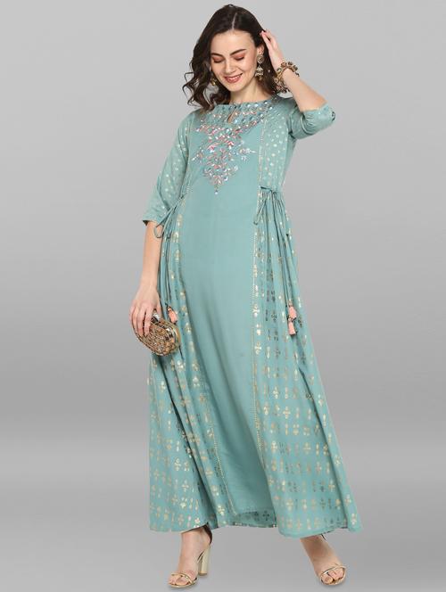 foil print a-line ethnic dress - 17534049 - Very Small Image - 1