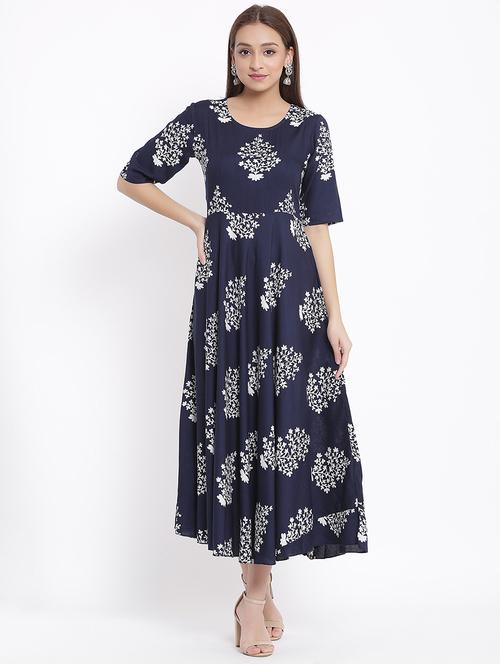 navy blue rayon fit & flare dress - 17535995 - Very Small Image - 1
